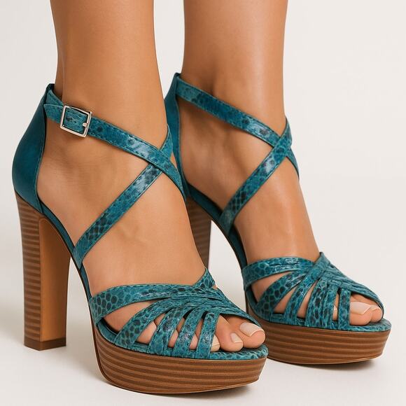 White House Black Market Emilia Teal Snakeskin Platform Sandals Women's Size 10M - Picture 1 of 12